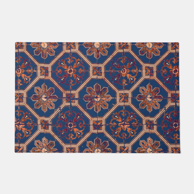 Luxury Ethnic Tile Pattern | Blue and Orange Doormat (Front)