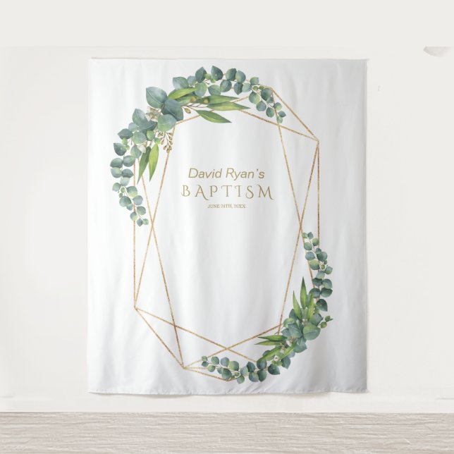 Luxury Eucalyptus Bloom Gold Baptism Prop Tapestry (Front)