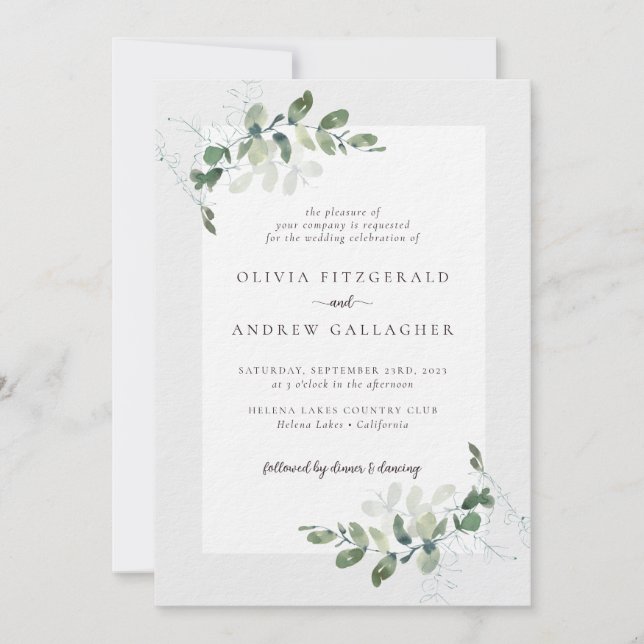 Luxury Eucalyptus QR Code All in One Wedding Invitation (Front)