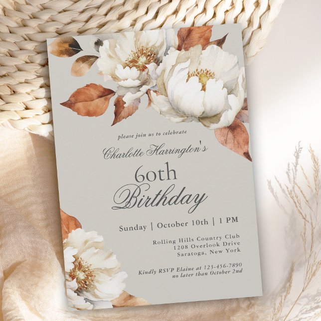 Luxury Fall Floral 60th Birthday Party Invitation (This elegant invitation is available as both printed or digital download for your convenience.)