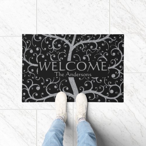 Luxury Family Tree Name Black Silver Personalized  Doormat