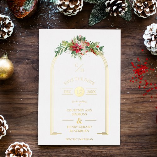 Luxury Fancy Initials Arch Floral Christmas Foil Invitation