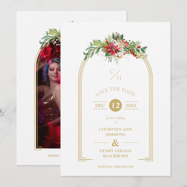 Luxury Fancy Initials Arch Floral Christmas Photo Save The Date (Front/Back)