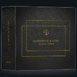 Luxury faux black leather gold typography lawyer 3 ring binder<br><div class="desc">Upscale elegant lawyer binder featuring a faux gold double geometric rectangular frame and a justice scale over a black faux leather (PRINTED) background.                Easy to personalize on front,  spine,  and backside!              Suitable for legal services consultants,  lawyer office,  attorney at law,  legal advisors,  judge,  and other legal professionals.</div>