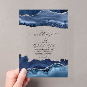 Luxury Faux Glitter Navy and Silver Agate Wedding Acrylic Invitations