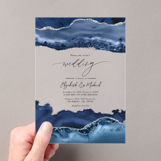 Luxury Faux Glitter Navy and Silver Agate Wedding Acrylic Invitations (Insitu (Handheld))