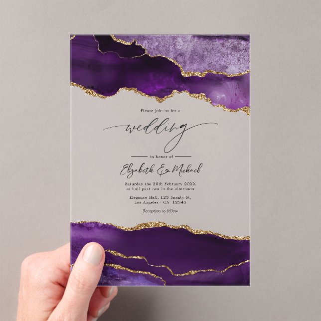 Luxury Faux Glitter Purple Agate Geode Wedding Acrylic Invitations (Insitu (Handheld))