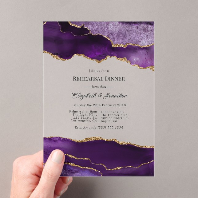 Luxury Faux Glitter Purple Agate Rehearsal Dinner Acrylic Invitations (Insitu (Handheld))