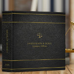 Luxury faux gold and black leather lawyer 3 ring binder<br><div class="desc">Upscale elegant lawyer custom binder featuring a golden double stripes horizontal frame and a scale of justice over a black faux leather (PRINTED) background.                Easy to personalize on front,  spine,  and backside!              Suitable for legal services consultants,  lawyer office,  attorney at law,  legal advisors,  judge,  and other legal professionals.</div>