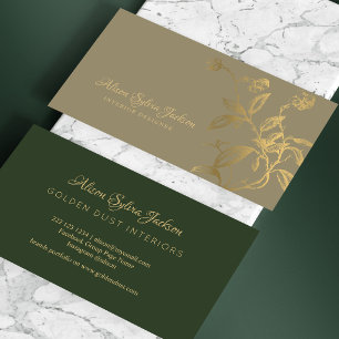 Luxury faux gold foil sage green interior designer business card