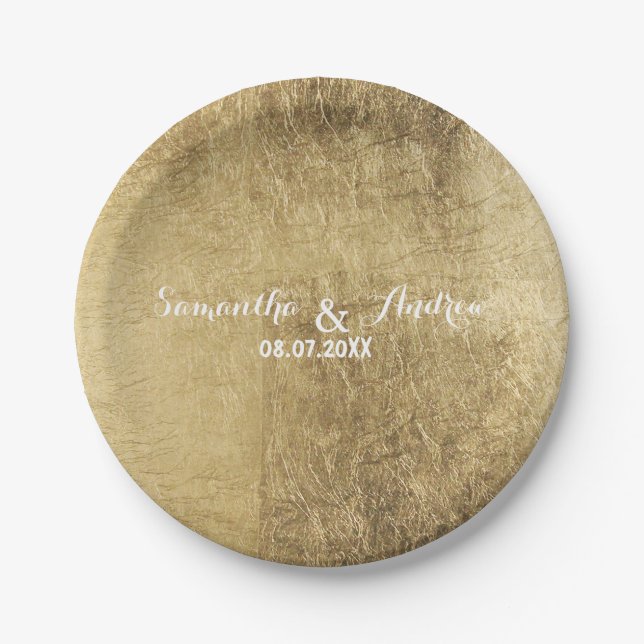 Luxury faux gold leaf wedding paper plates (Front)