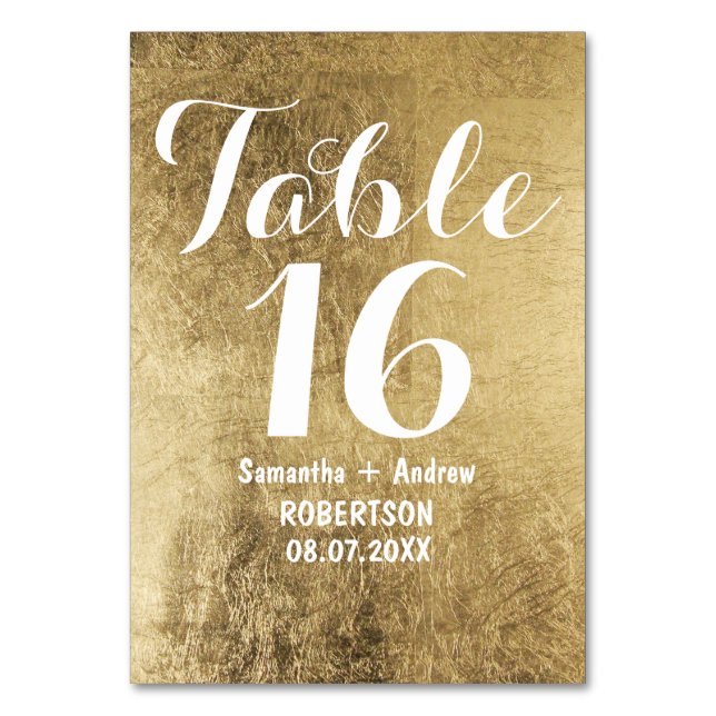 Luxury faux gold leaf wedding table number (Front)