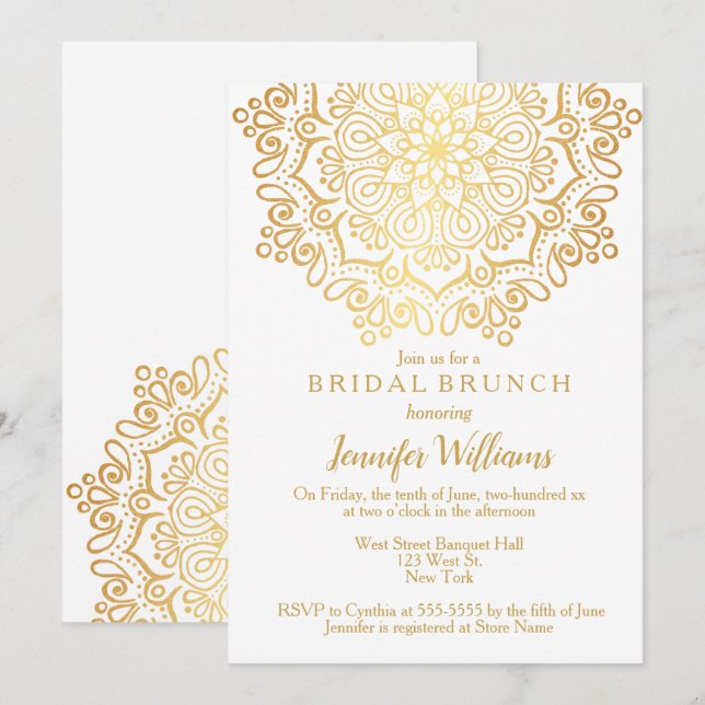 Luxury Faux Gold Mandala White Bridal Brunch Invitation (Front/Back)