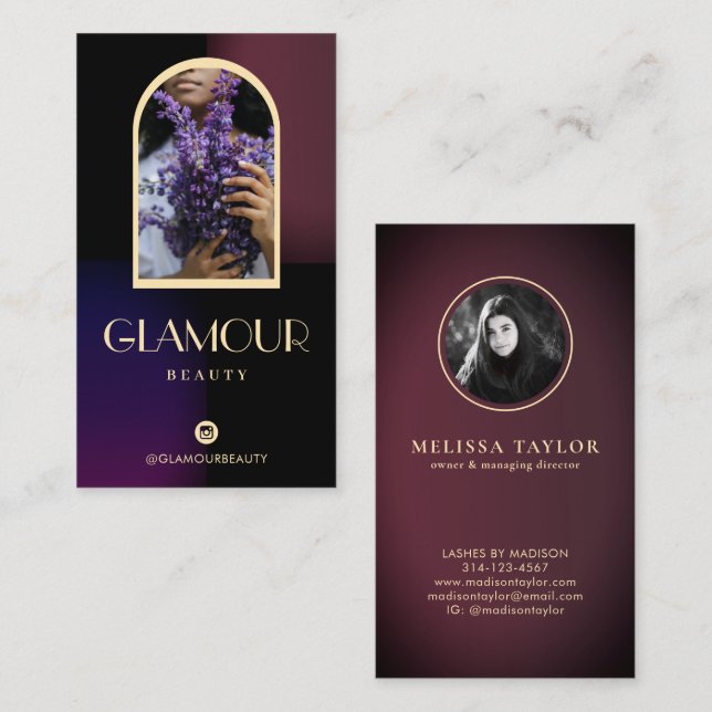 Luxury Faux Gradient Violet and Burgundy 2 Photos Business Card (Front/Back)