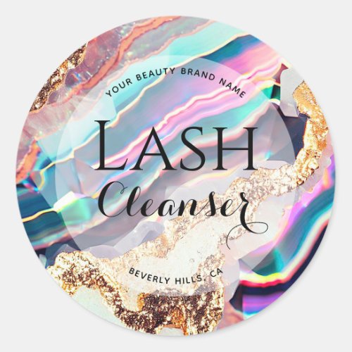 Luxury Faux Iridescent Agate Custom Lash Cleanser Classic Round Sticker