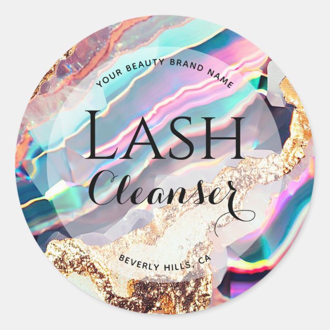 Luxury Faux Iridescent Agate Custom Lash Cleanser Classic Round Sticker (Front)