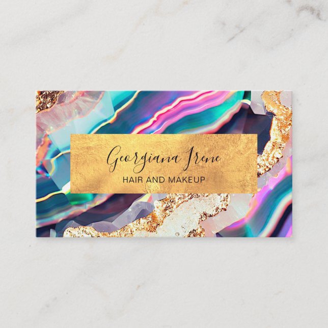 Luxury Faux Marble Agate Gold Colorful Rainbow Business Card (Front)