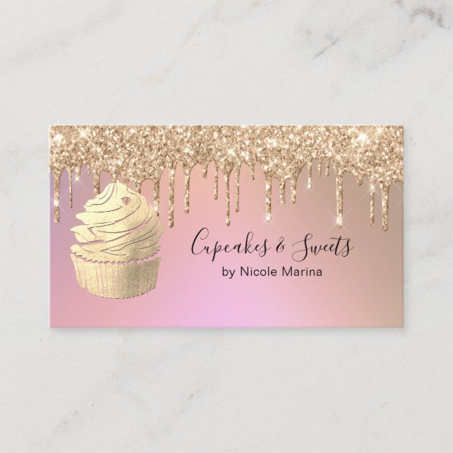 Luxury Faux Rose Gold Glitter Drips Cupcake Sweets Business Card (Front)