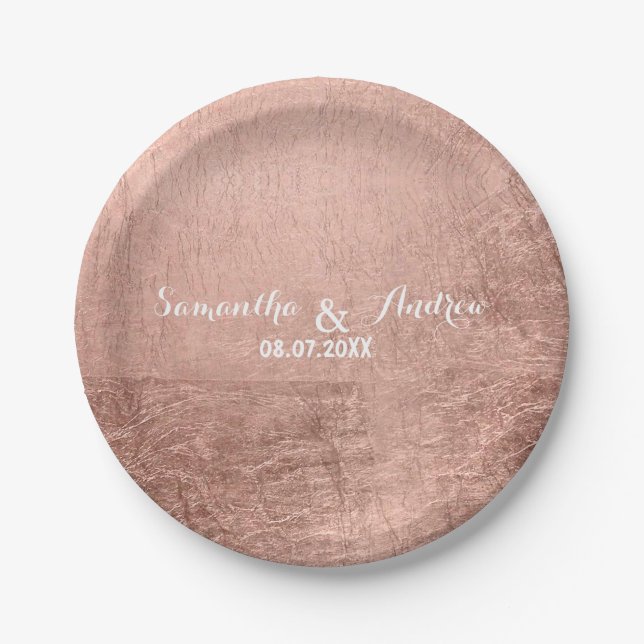 Luxury faux rose gold leaf wedding paper plates (Front)