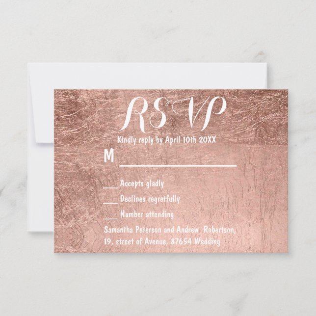 Luxury faux rose gold leaf wedding RSVP (Front)