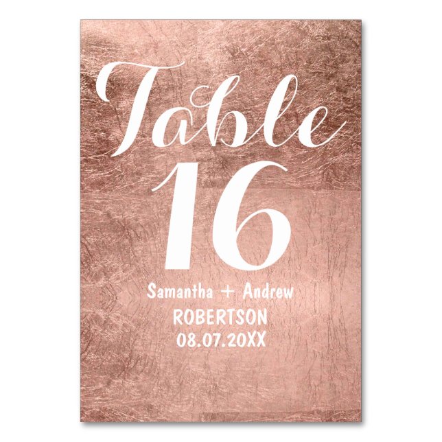 Luxury faux rose gold leaf wedding table number (Front)