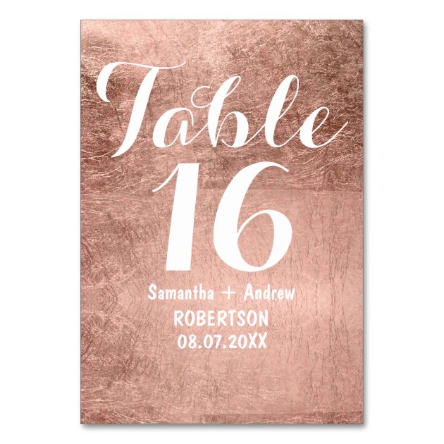 Luxury Faux Rose Gold Leaf Wedding Table Number Card