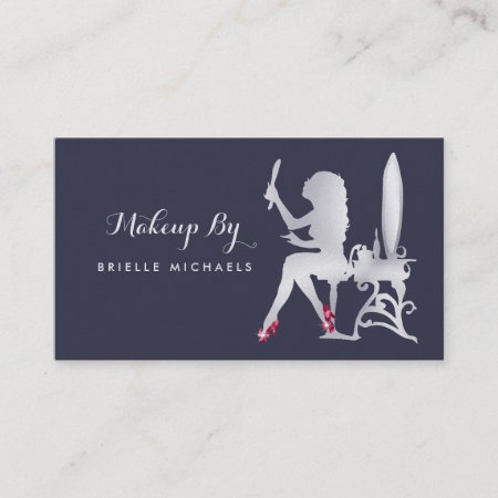 Luxury Faux Silver Woman Makeup Artist Red Shoes Business Card