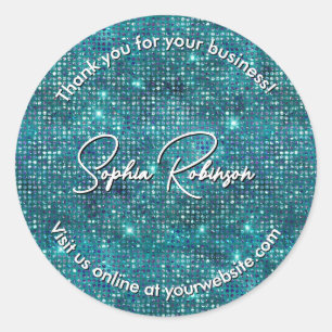 Luxury Faux Teal Glitter and Black Thank You Classic Round Sticker