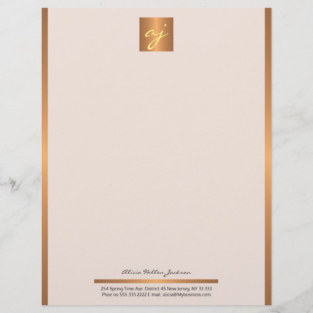Luxury feminine blush pink copper gold monogram letterhead (Front)
