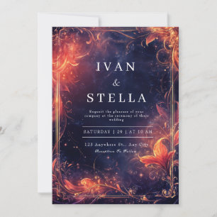 Luxury Fiery Red Gold Celestial Wedding Invitation
