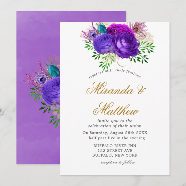 Luxury Fiesta Peacock Glitter Wedding invitations  (Front/Back)