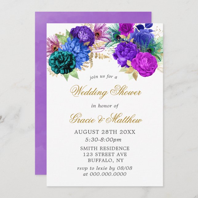 Luxury Fiesta Peacock Gold Wedding Shower Invites (Front/Back)