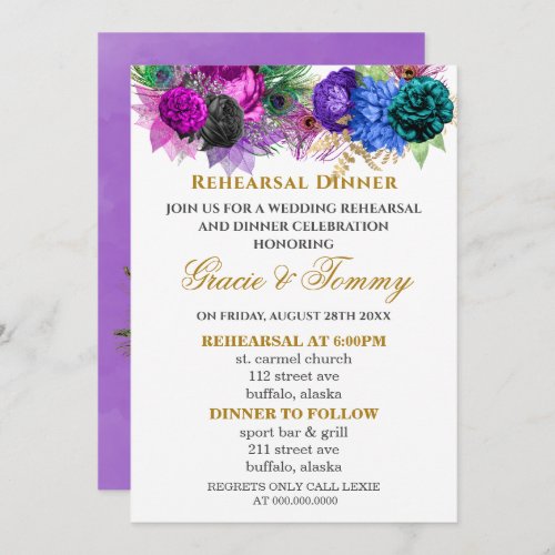 Luxury Fiesta Peacock Peony Rehearsal Dinner  Invitation