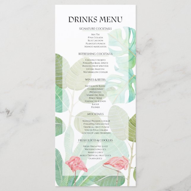Luxury Flamingo,Tropical foliage wedding drinks  Menu (Front)