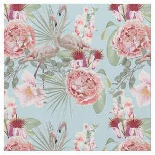 Luxury flamingo with fan plam and floral blue fabric