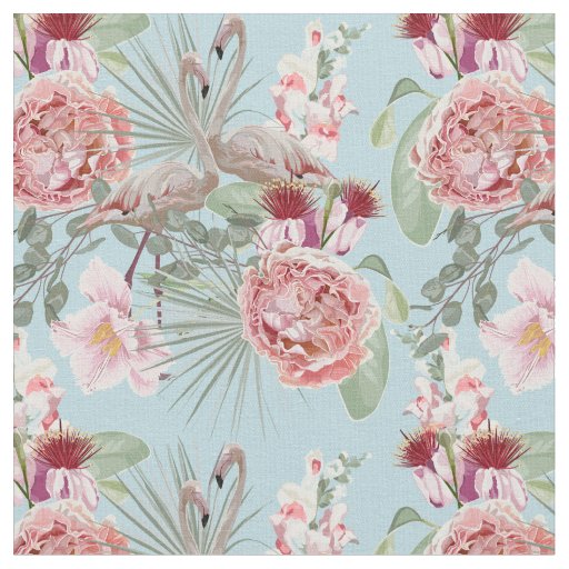 Luxury flamingo with fan plam and floral blue  fabric