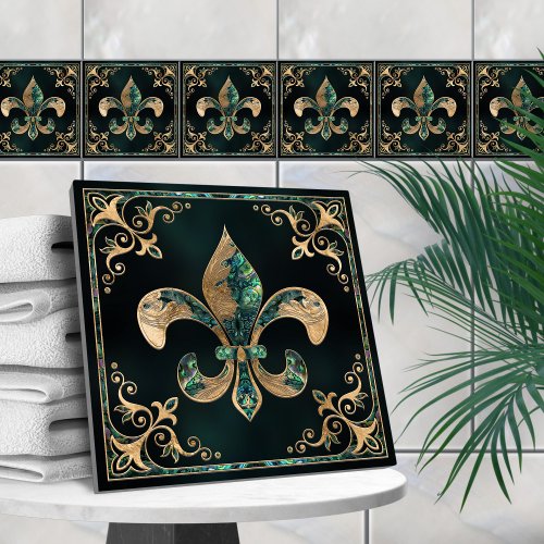 Luxury Fleur_de_lis _ Abalone Shell and Gold Ceramic Tile