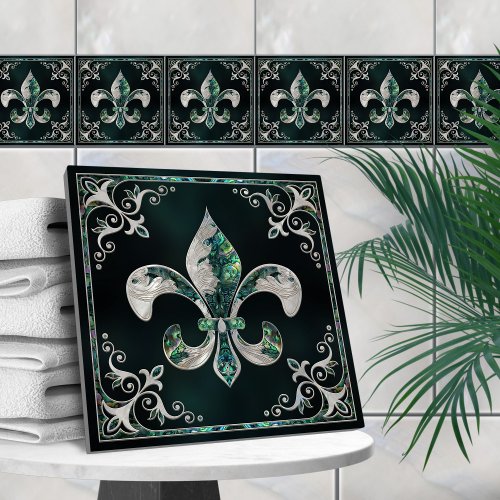 Luxury Fleur_de_lis _ Abalone Shell and Pearl Ceramic Tile