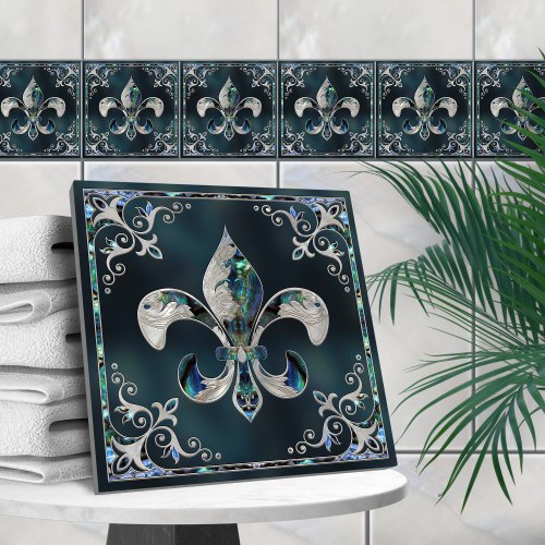 Luxury Fleur_de_lis _ Abalone Shell and Pearl Ceramic Tile