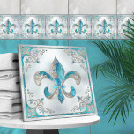 Luxury Fleur-de-lis -Aquamarine and Pearl Ceramic Tile<br><div class="desc">Luxury Fleur-de-lis -Aquamarine and Pearl</div>