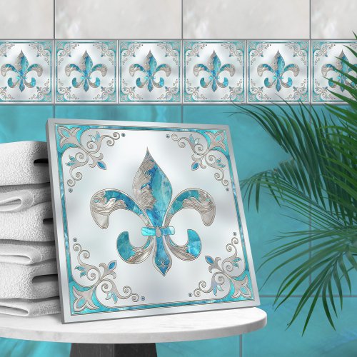 Luxury Fleur_de_lis _Aquamarine and Pearl Ceramic Tile