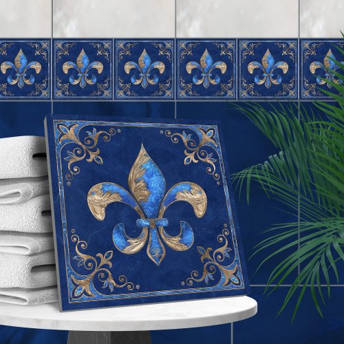 Luxury Fleur_de_lis _ blue marble and gold Ceramic Tile
