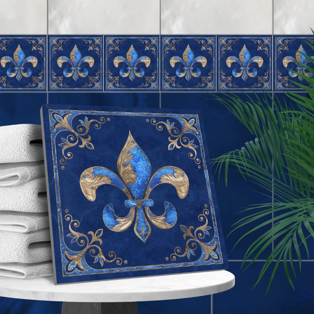 Luxury Fleur-de-lis - blue marble and gold Ceramic Tile (Creator Uploaded)