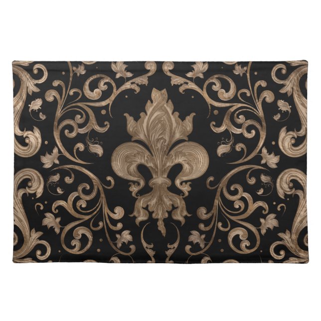 Luxury Fleur-de-lis ornament - black and gold Cloth Placemat (Front)
