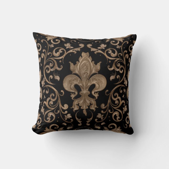 Luxury Fleur-de-lis ornament - black and gold Throw Pillow (Front)