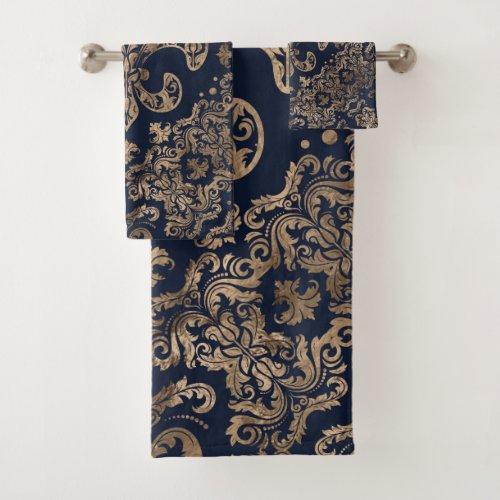 Luxury Fleur_de_lis Ornament _ gold and dark blue Bath Towel Set