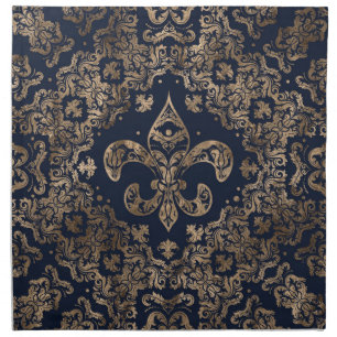 Luxury Fleur-de-lis Ornament - gold and dark blue Cloth Napkin