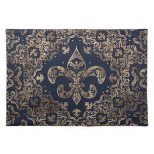 Luxury Fleur-de-lis Ornament - gold and dark blue Cloth Placemat