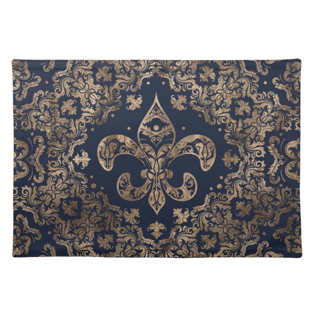 Luxury Fleur-de-lis Ornament - gold and dark blue Cloth Placemat (Front)