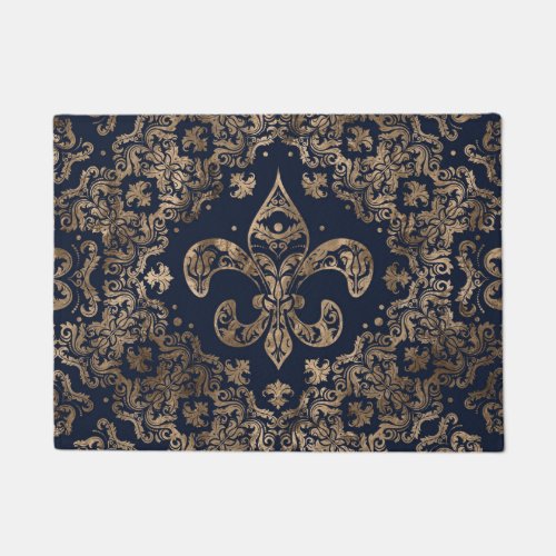 Luxury Fleur_de_lis Ornament _ gold and dark blue Doormat